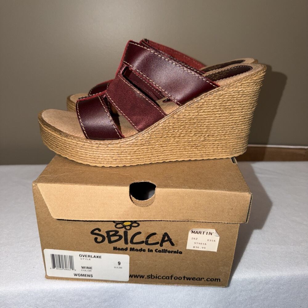 Sbicca Overlake wine Wedge Slide Platform Sandals Handmade Sz 9